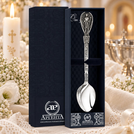 Tauflöffel 925 Silber Schutzengel-Ikone in der Geschenkkassette — Lifestyle-Setting, Geschenk zur Taufe