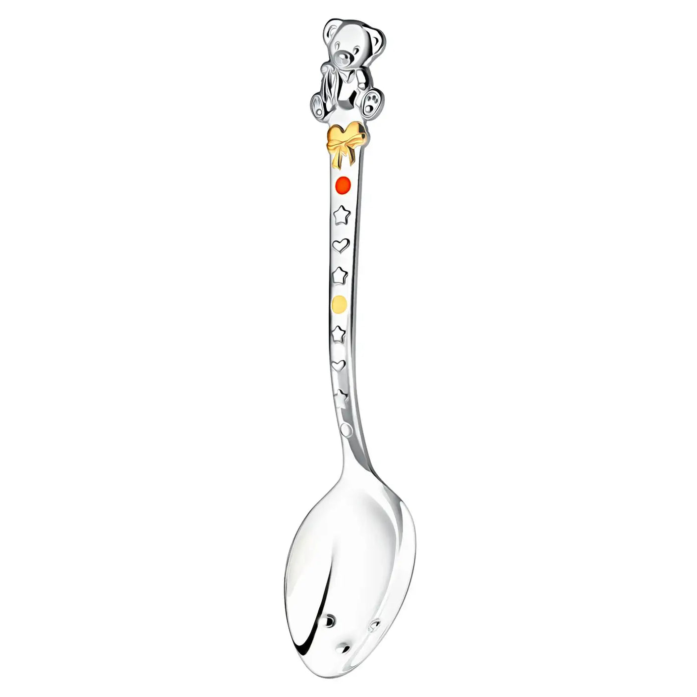 Babylöffel aus Silber mit taktiler Mulde, Herzen & Sternen, goldene Schleife – Tauf- oder Geburtsgeschenk.