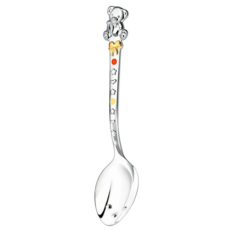 Babylöffel aus Silber mit taktiler Mulde, Herzen & Sternen, goldene Schleife – Tauf- oder Geburtsgeschenk.