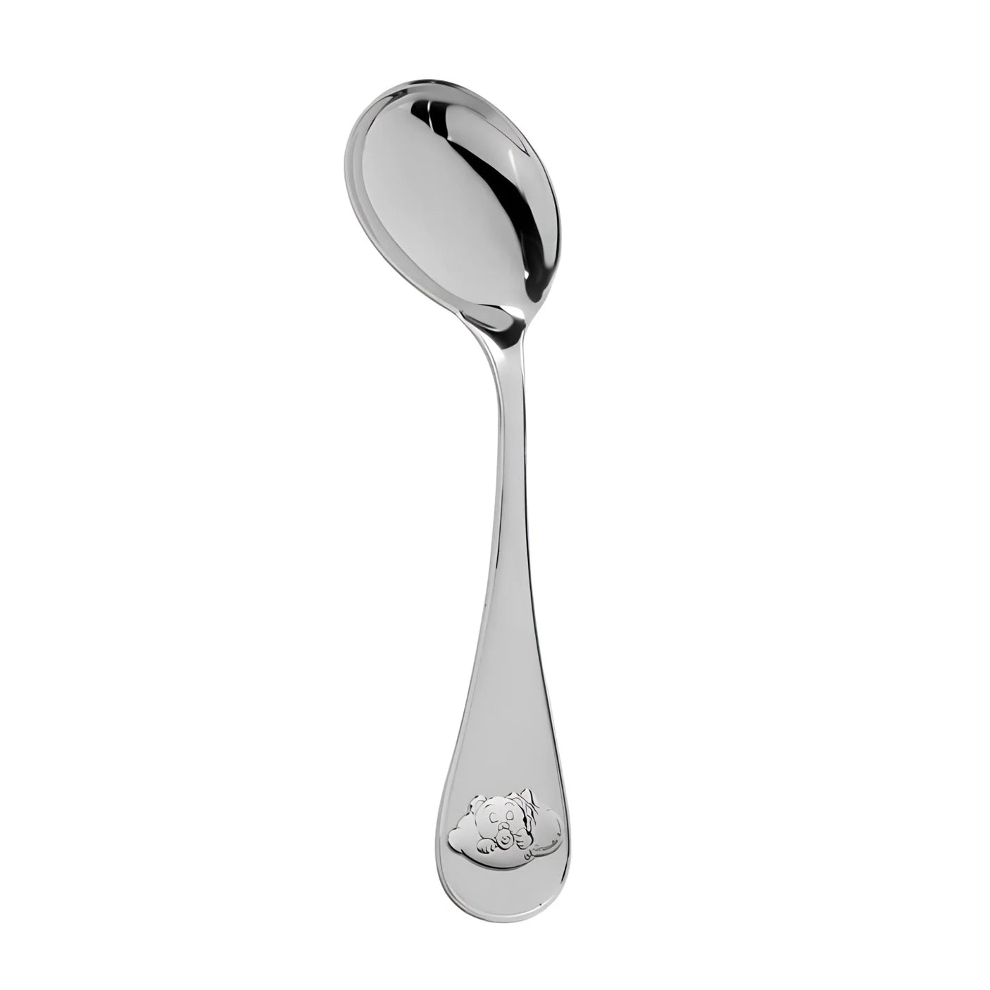 Gebogener Babylöffel aus 925 Silber mit süßem Teddybär-Motiv und Gravuroption, ideal als Geschenk zur Geburt.
