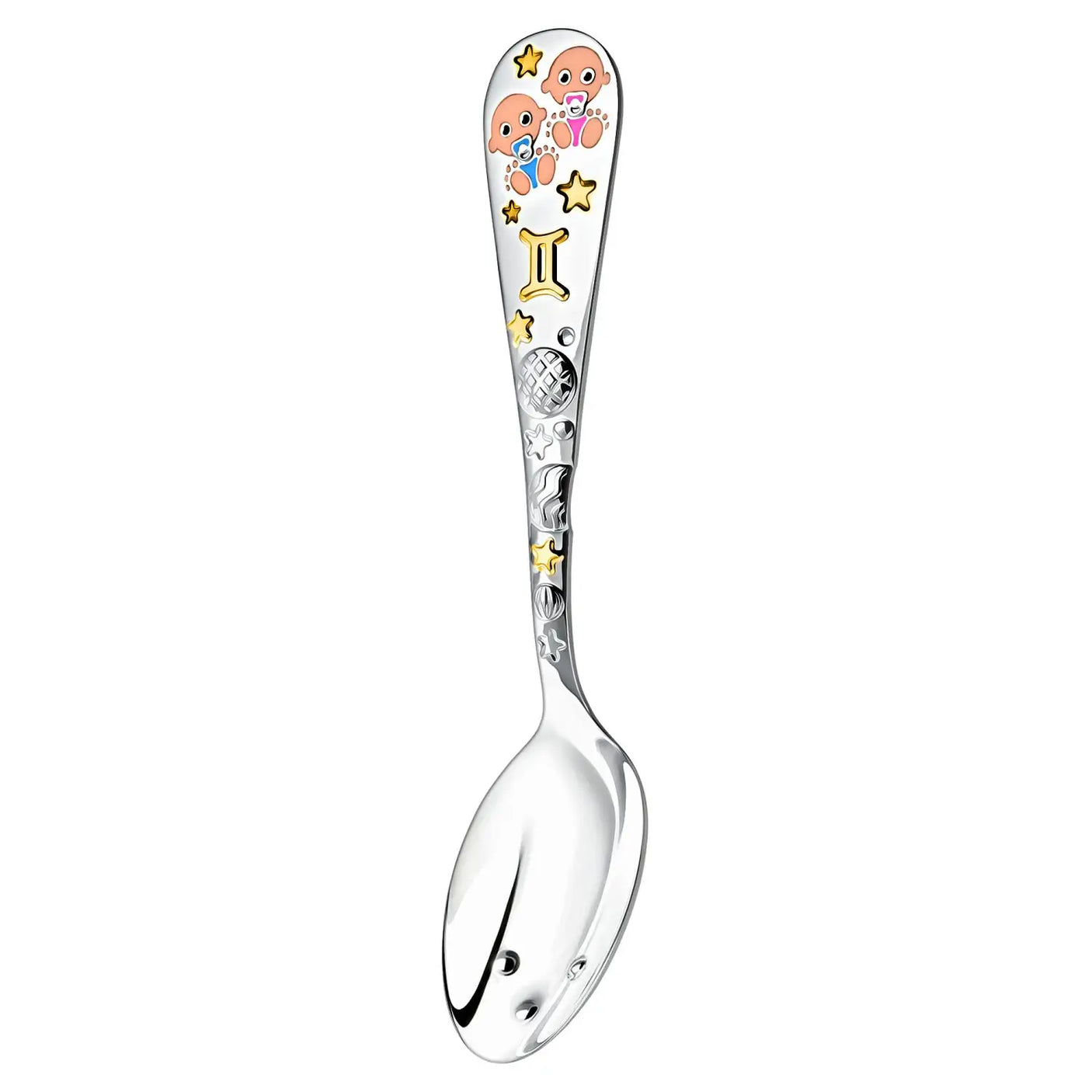 Babylöffel 925 Silber Zwillinge – Emaille & Vergoldung, Geschenk zur Geburt oder Taufe.