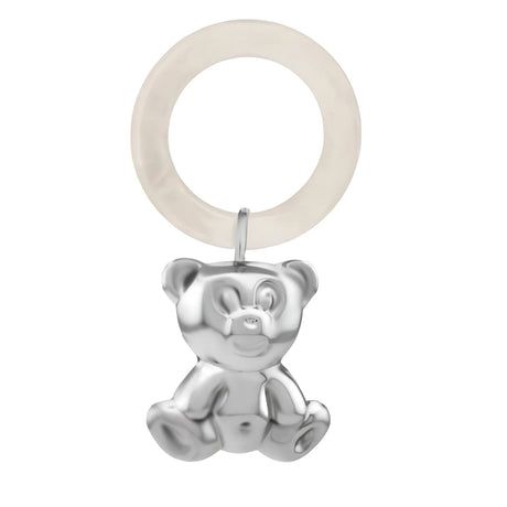 Babyrassel 925 Silber — sitzender 3D-Teddybär an perlweißem Acryl-Beißring, geschlechtsneutral, Zaramella