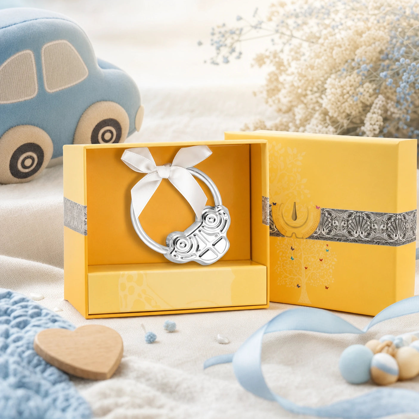 Babyrassel 925 Silber mit Auto-Motiv in Ringform, in Geschenkbox — Lifestyle-Setting, Geschenk zur Geburt für Jungen