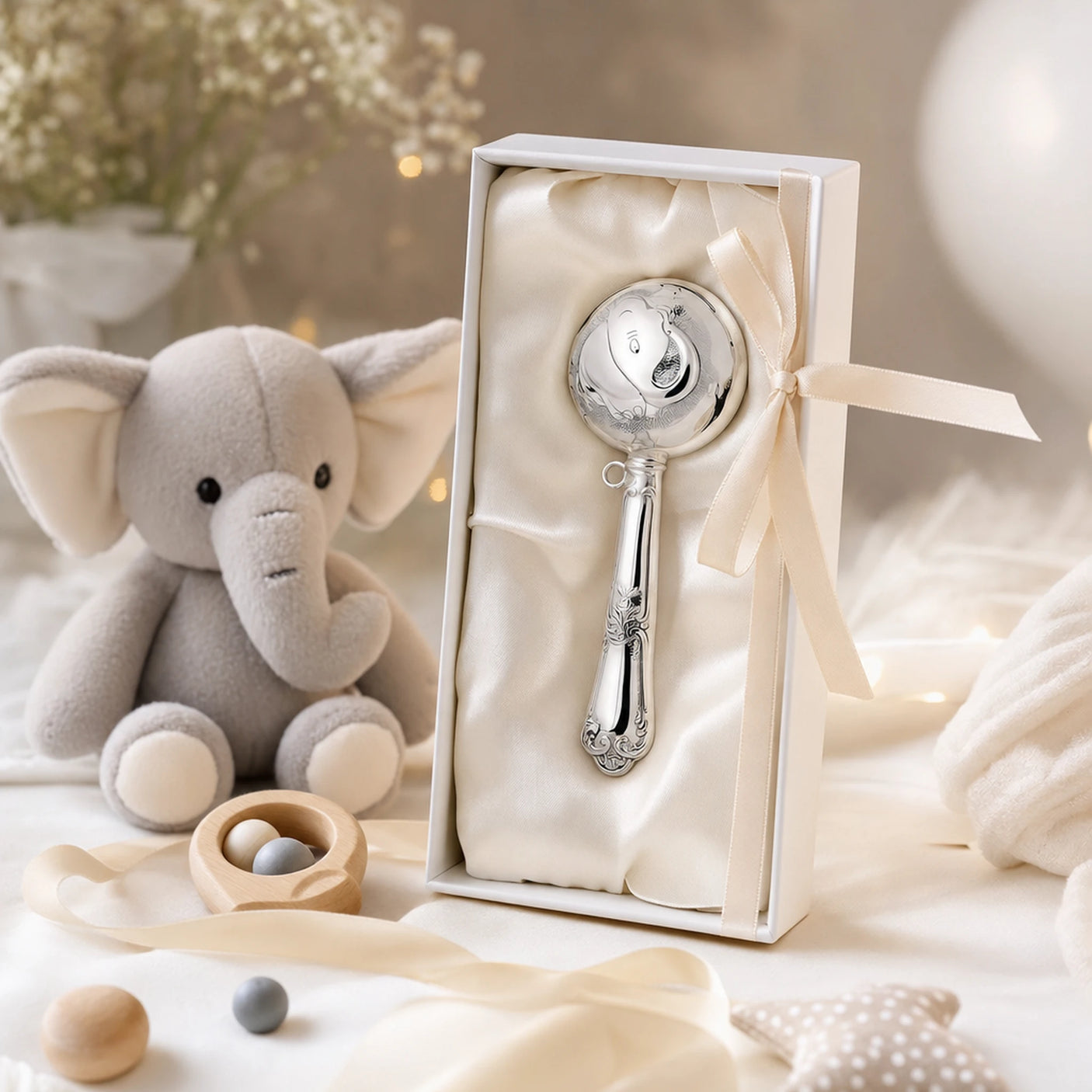 Babyrassel 925 Silber mit Elefanten-Design — Lifestyle-Setting, Geschenk zur Geburt