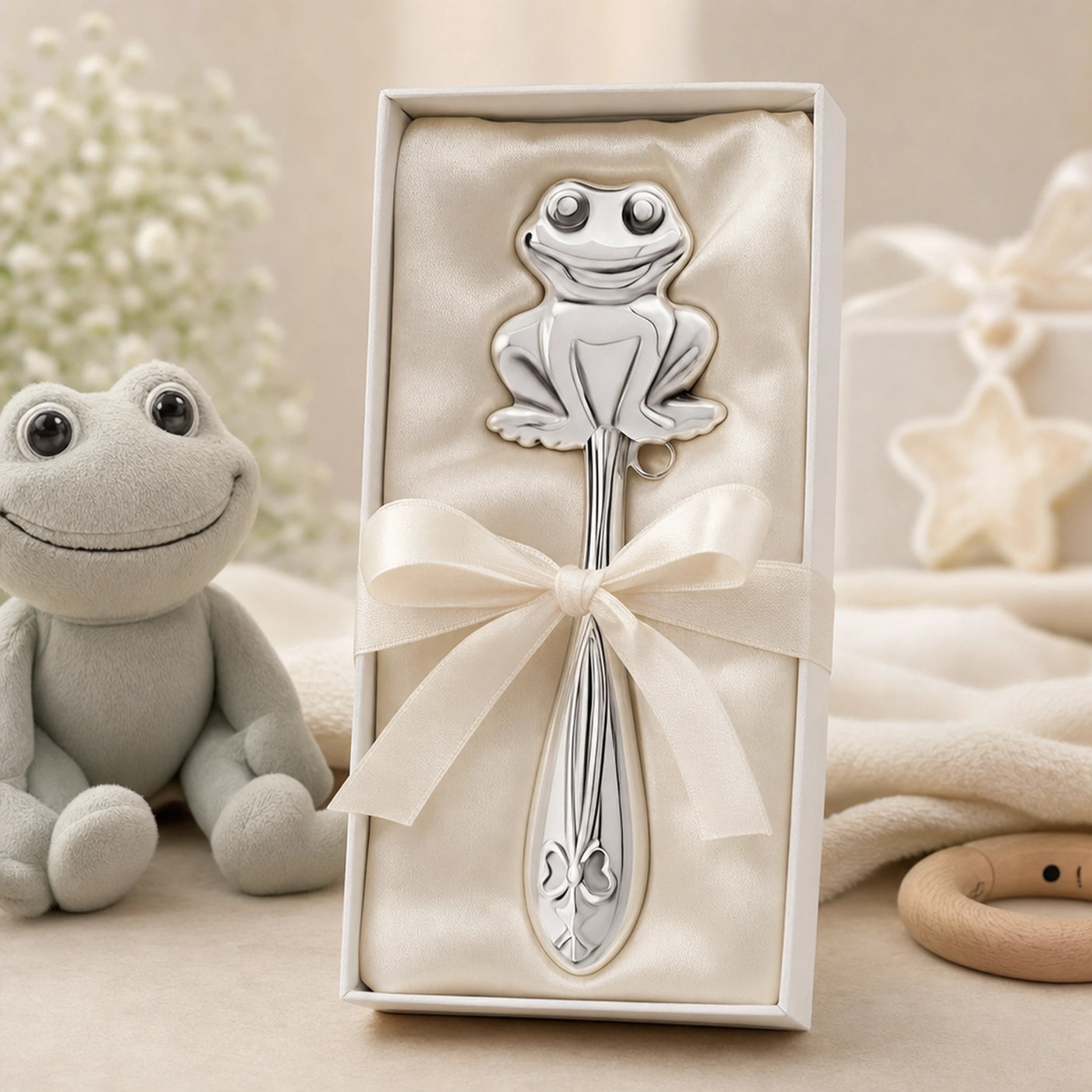 Babyrassel 925 Silber mit Frosch-Design — Lifestyle-Setting, Geschenk zur Geburt