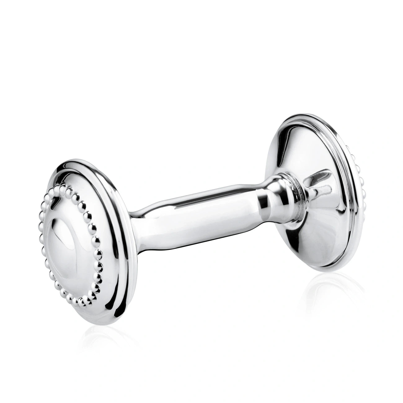 Babyrassel 925 Silber Hantel Zaramella — klassische Hantelform mit Perlrand an beiden gewölbten Scheiben, gravierbar, Freisteller