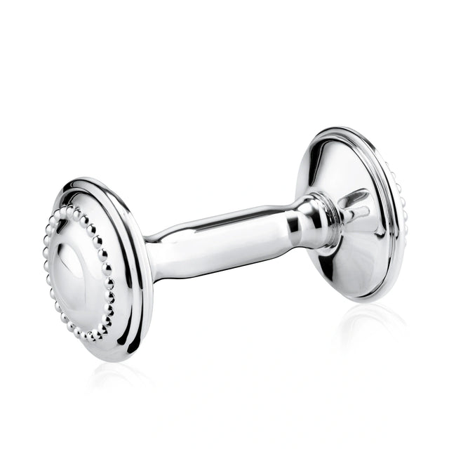 Babyrassel 925 Silber Hantel Zaramella — klassische Hantelform mit Perlrand an beiden gewölbten Scheiben, gravierbar, Freisteller