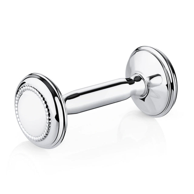 Babyrassel 925 Silber Hantel Zaramella — klassische Hantelform mit feinem Perlrand auf glatter, gravierbarer Scheibe, Freisteller