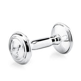 Babyrassel 925 Silber Hantel Zaramella — klassische Hantelform mit plastischem Teddybär-Relief auf einer Scheibe, Freisteller