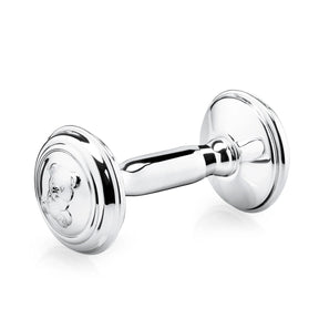 Babyrassel 925 Silber Hantel Zaramella — klassische Hantelform mit plastischem Teddybär-Relief auf einer Scheibe, Freisteller