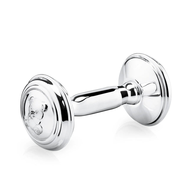 Babyrassel 925 Silber Hantel Zaramella — klassische Hantelform mit plastischem Teddybär-Relief auf einer Scheibe, Freisteller