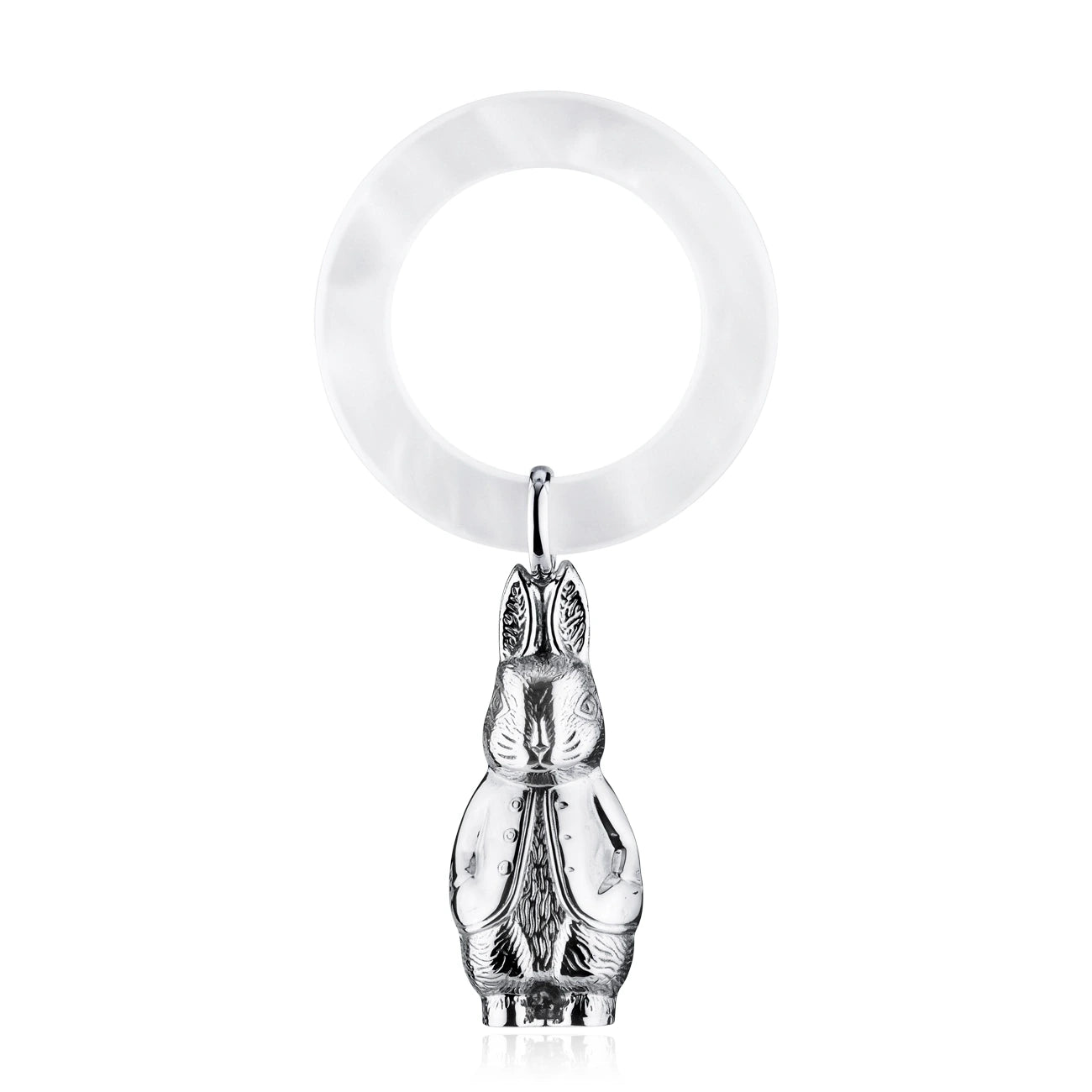 Babyrassel 925 Silber Hase Zaramella — ziselierte Hasen-Figur als Anhänger am perlweißen Acryl-Beißring, Freisteller