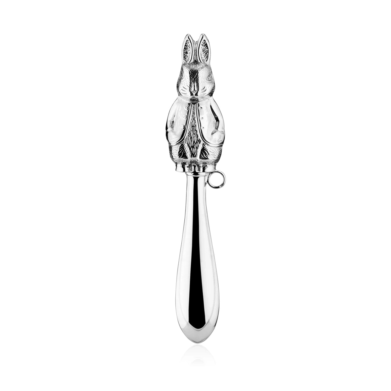 Babyrassel 925 Silber Hase Zaramella — ziselierte Hasen-Figur auf glattem, gravierbarem Stiel, Freisteller