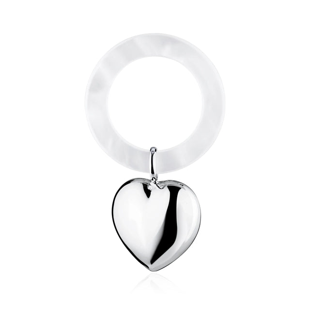 Babyrassel 925 Silber Herz klein Zaramella — glattes Silberherz am perlweißen Acryl-Beißring, Freisteller