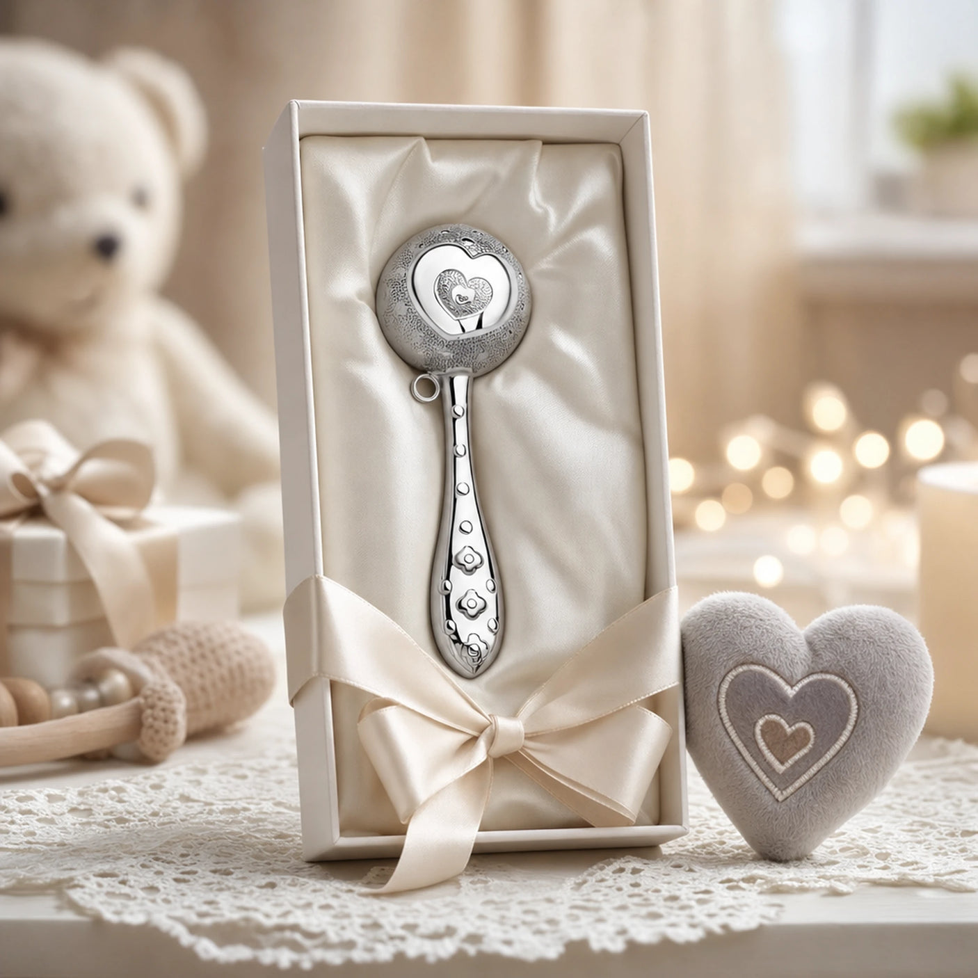 Babyrassel 925 Silber mit Herz-Design in Kugelform — Lifestyle-Setting, Geschenk zur Geburt