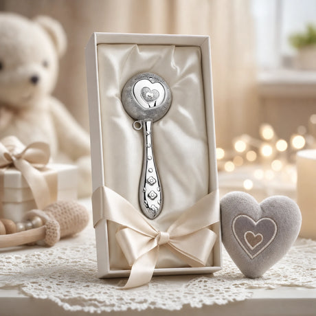 Babyrassel 925 Silber mit Herz-Design in Kugelform — Lifestyle-Setting, Geschenk zur Geburt