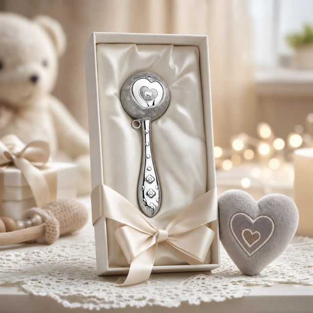 Babyrassel 925 Silber mit Herz-Design in Kugelform — Lifestyle-Setting, Geschenk zur Geburt