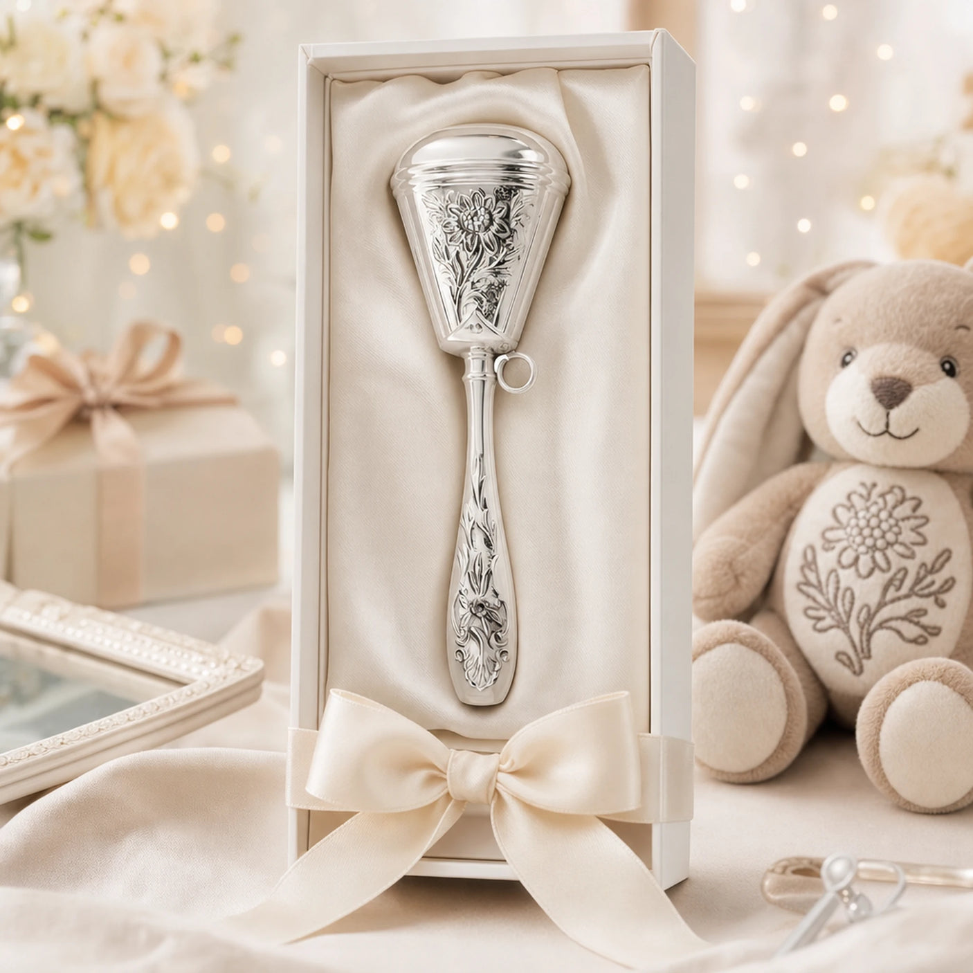 Babyrassel 925 Silber mit Kamille-Motiv, stielförmig — Lifestyle-Setting, Geschenk zur Geburt