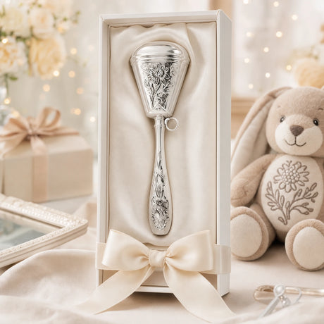 Babyrassel 925 Silber mit Kamille-Motiv, stielförmig — Lifestyle-Setting, Geschenk zur Geburt