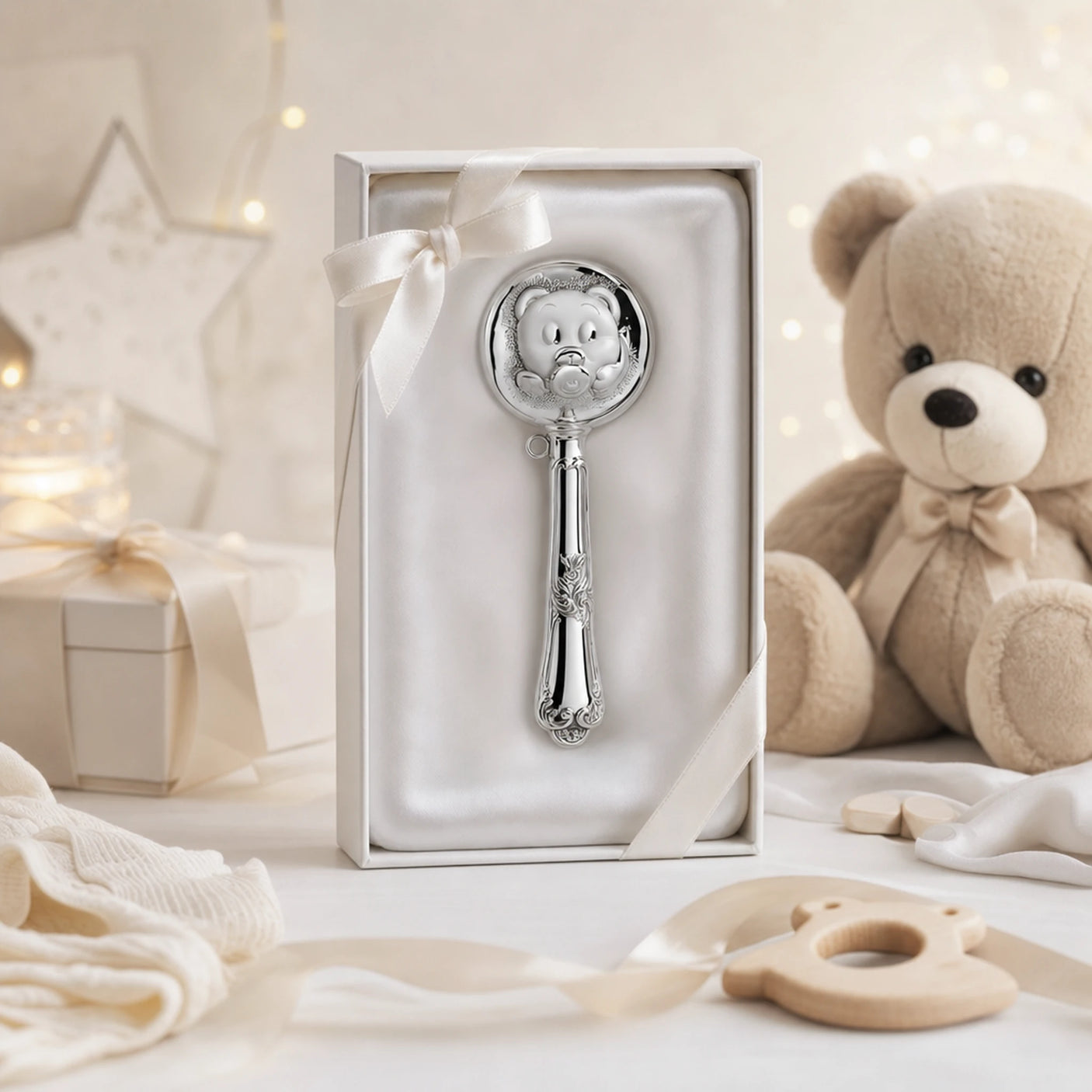 Babyrassel 925 Silber mit Bären-Design, Kugelform — Lifestyle-Setting, Geschenk zur Geburt