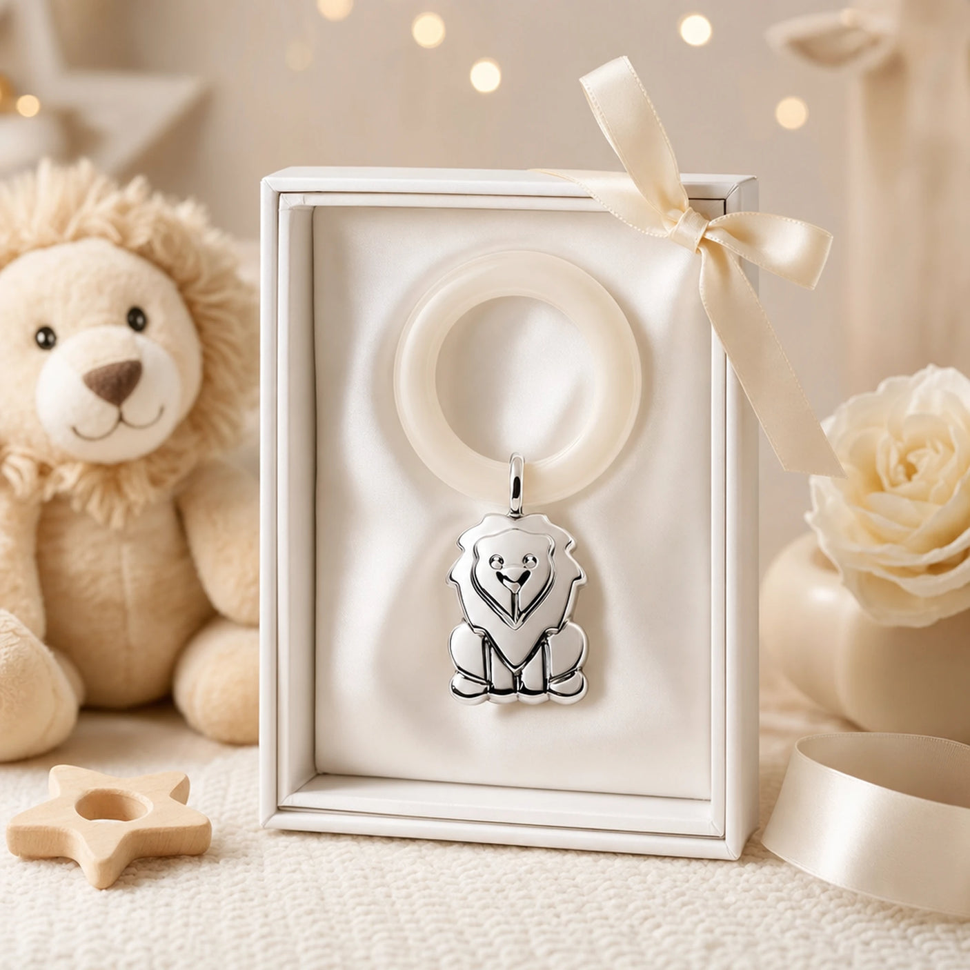 Babyrassel 925 Silber mit Löwen-Motiv und Beißring — Lifestyle-Setting, Geschenk zur Geburt