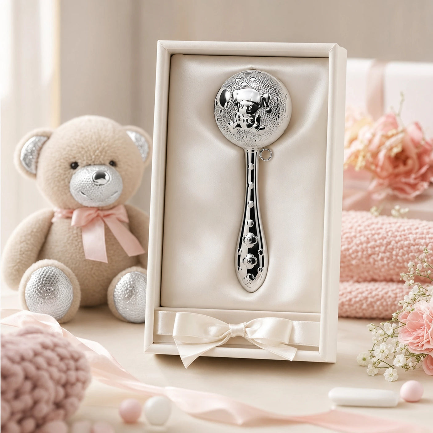 Babyrassel 925 Silber, Kugelform mit Mädchen-Motiv — Lifestyle-Setting, Geschenk zur Geburt für Mädchen