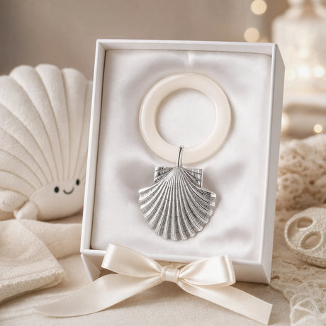 Babyrassel 925 Silber mit Muschel-Design und Beißring — Lifestyle-Setting, Geschenk zur Geburt