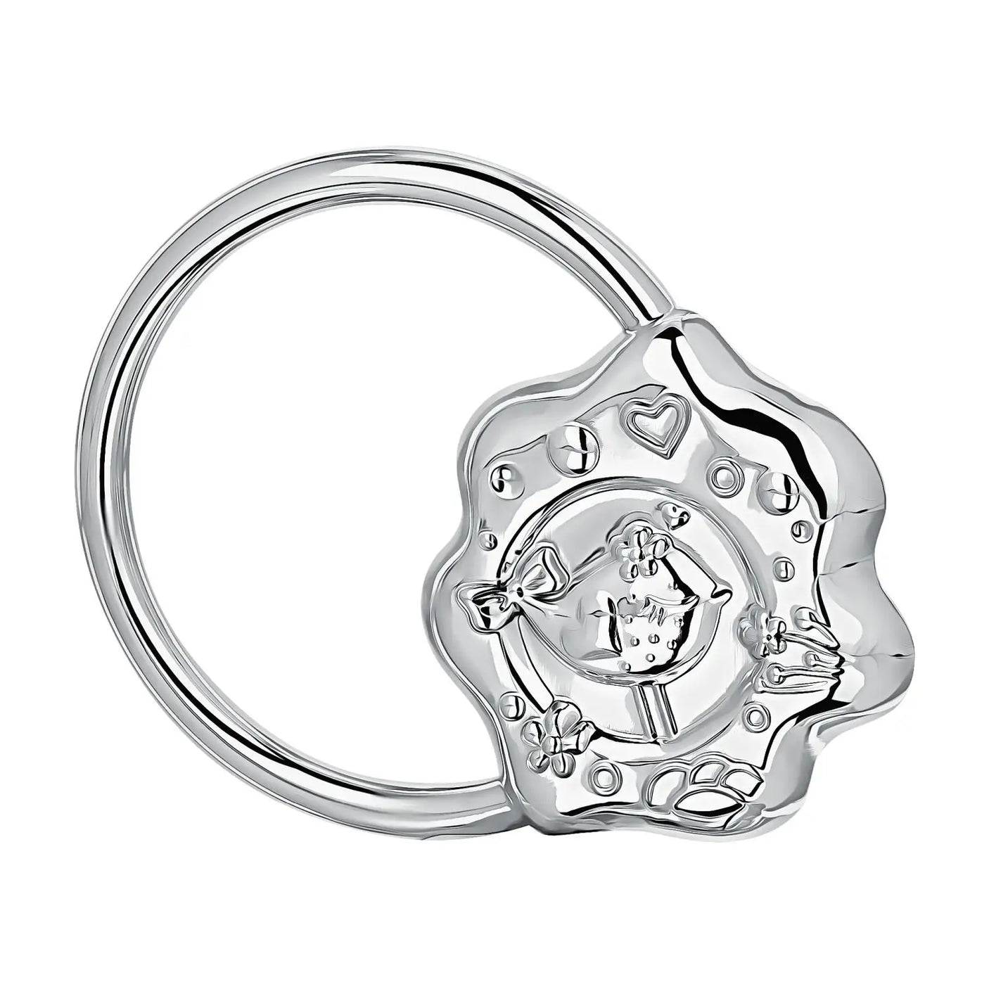 Ringförmige Babyrassel aus 925er Sterling-Silber mit verspieltem Vogelmotiv, glänzend poliert.