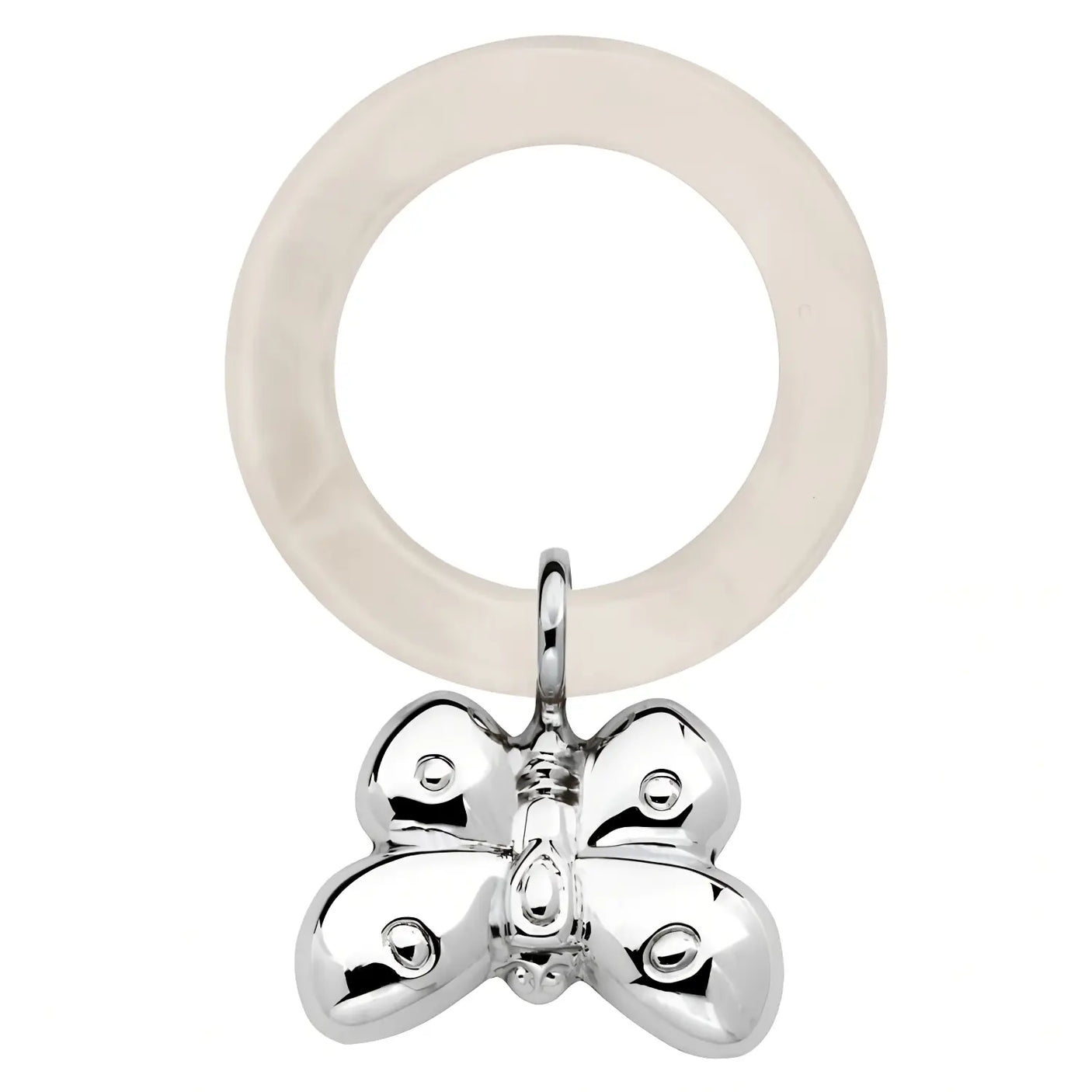Babyrassel 925 Silber mit Schmetterling-Motiv und Acryl-Beißring für Geburt und Taufe