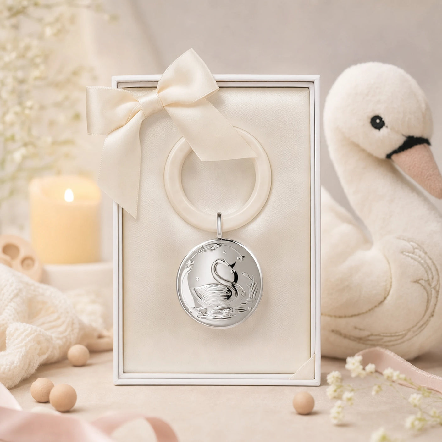 Babyrassel 925 Silber mit Schwan-Motiv und Acrylring — Lifestyle-Setting, Geschenk zur Geburt