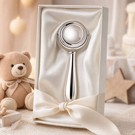Babyrassel 925 Silber mit beweglichem Spin-Design — Lifestyle-Setting, Geschenk zur Geburt