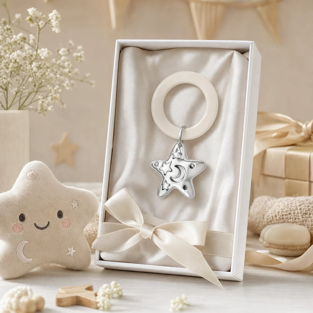 Babyrassel 925 Silber Stern — Sternanhänger mit Mond an cremefarbenem Beißring im Etui mit Schleife, Geschenk zur Geburt