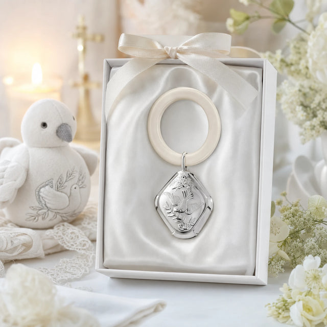 Babyrassel 925 Silber mit Tauben-Design und Beißring — Lifestyle-Setting, Geschenk zur Taufe