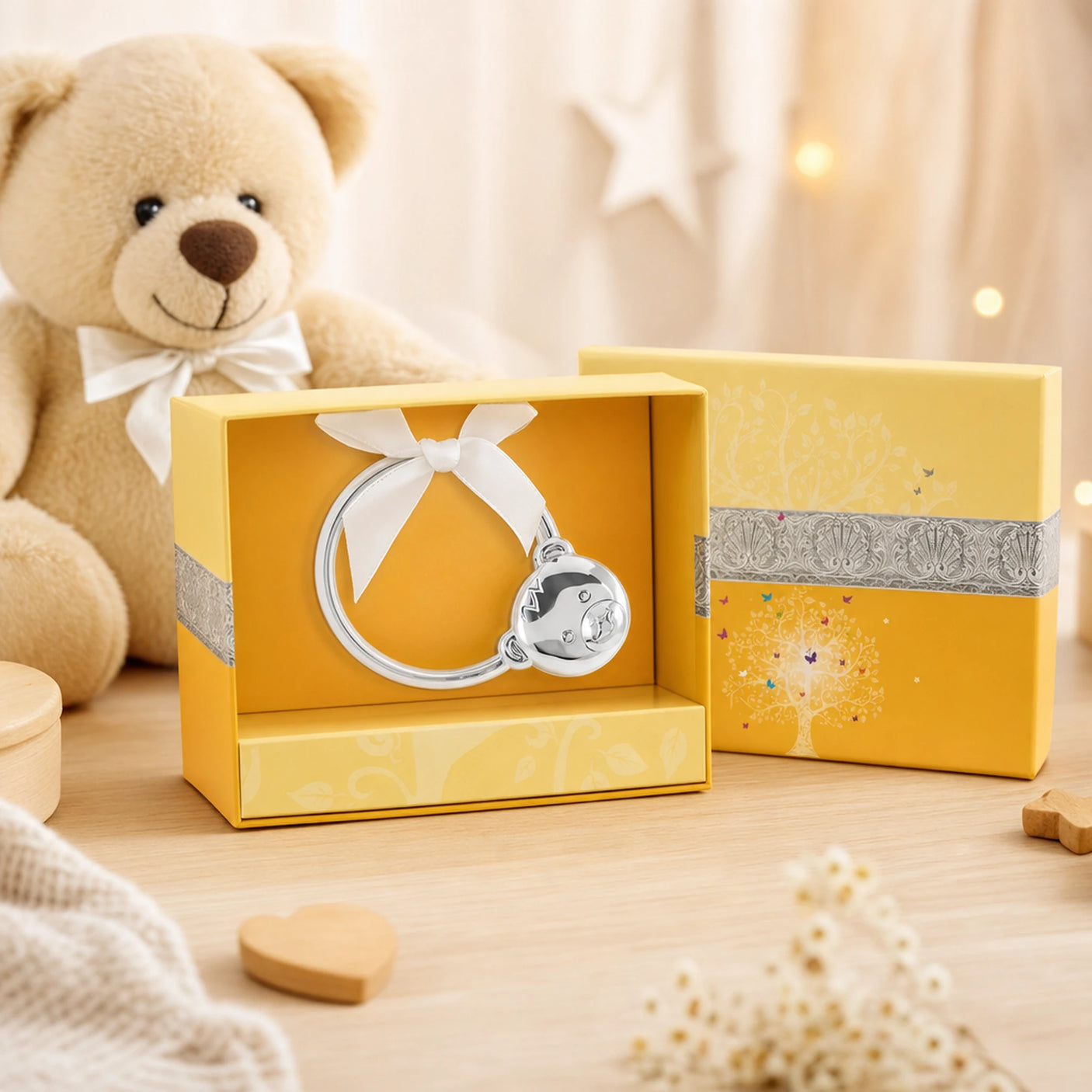 Babyrassel 925 Silber mit Teddybär-Motiv, Ring, in Geschenkbox — Lifestyle-Setting, Geschenk zur Geburt
