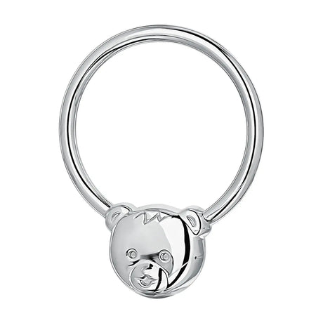 Ringförmige Babyrassel aus 925er Sterling-Silber mit niedlichem Teddybärmotiv, polierte Oberfläche.