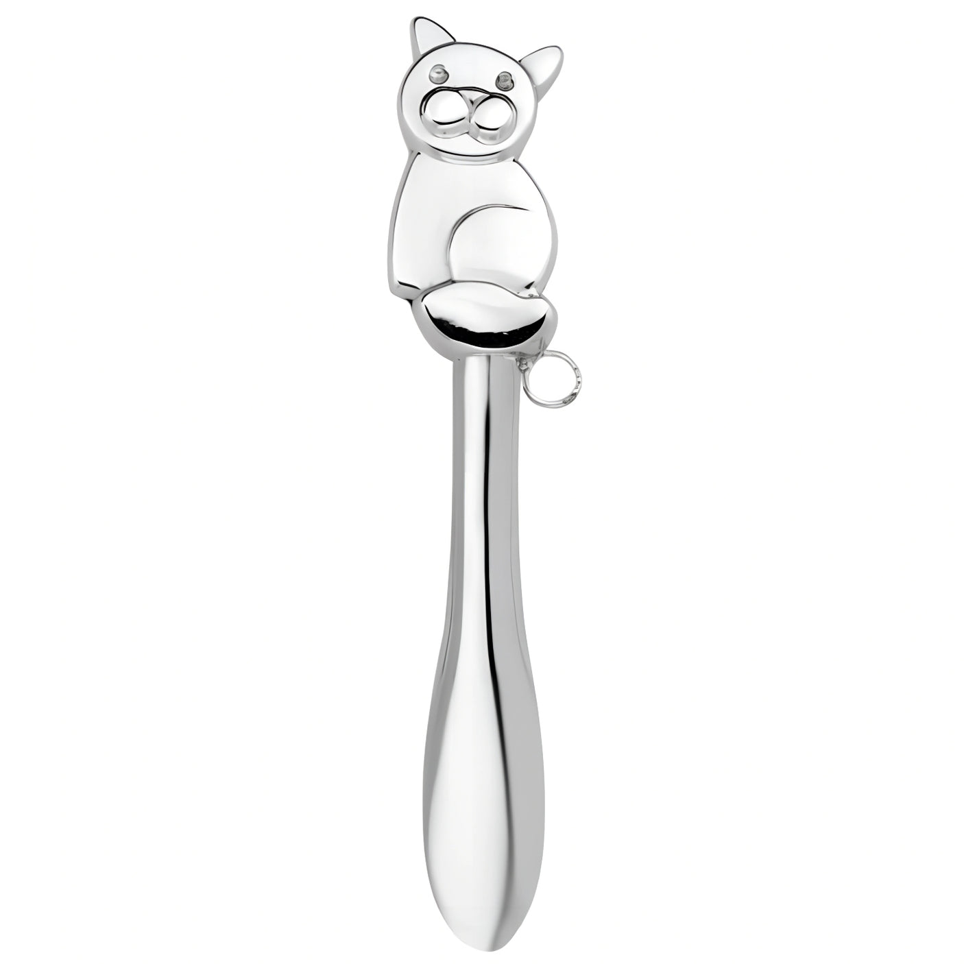 Babyrassel 925 Sterling Silber mit Kater-Design und glattem Stiel – Elegantes Babygeschenk zur Geburt oder Taufe.