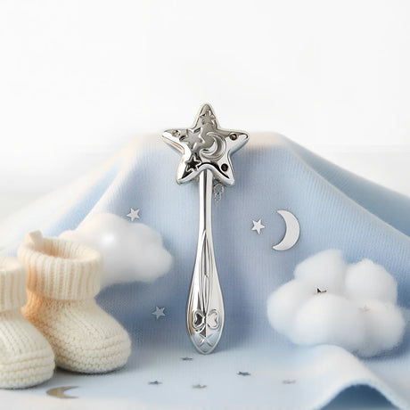 Babyrassel mit Mond & Sternen – 925 Sterling Silber 13cm