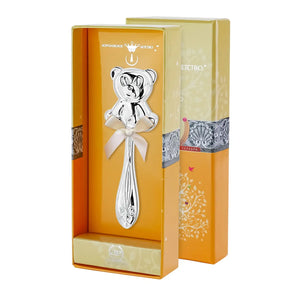 Babyrassel 925 Sterling Silber mit Teddybär-Relief in Geschenkbox, handgefertigt, Geschenk zur Geburt oder Taufe.