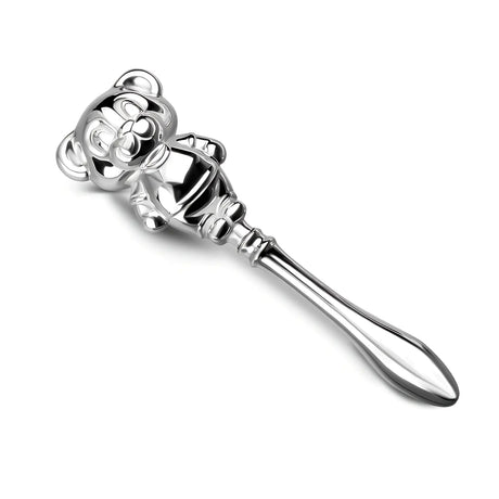 Babyrassel aus 999er Vollsilber mit glatter Stielform und Teddybär – ideales Geschenk zur Geburt.