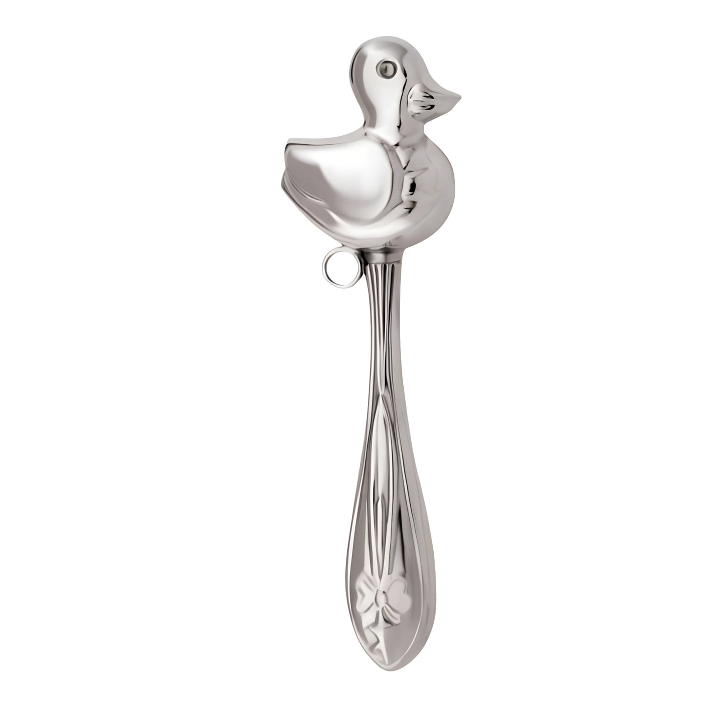 Stielförmige Babyrassel aus 925er Sterling-Silber mit glänzendem Entenmotiv, polierte Oberfläche.