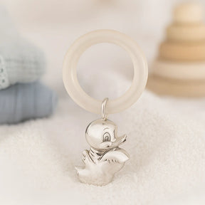 Babyrassel Big Duck 925 Silber mit Acrylring – ideales Geschenk zur Taufe und Geburt, geschlechtsneutral
