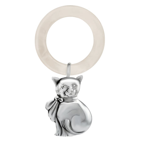Babyrassel mit Katze aus 925 Silber am Acryl-Beißring – edles Taufgeschenk.