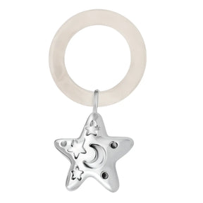 Babyrassel Sterne & Mond aus 925 Silber mit Acrylring – handgefertigt, sicher für Babys und perfekt als Geschenk zur Geburt oder Taufe.