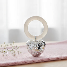 Babyrassel 925 Sterling - Silber mit Herzanhänger und Blumenmotiv am Acrylring