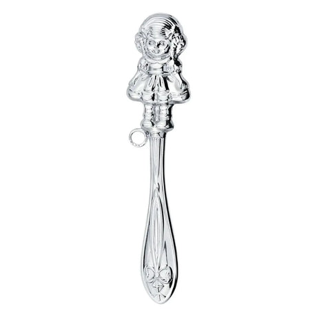 Babyrassel 925 Silber Puppe — Detailansicht der Puppenfigur am ornamentierten Stiel, Freisteller