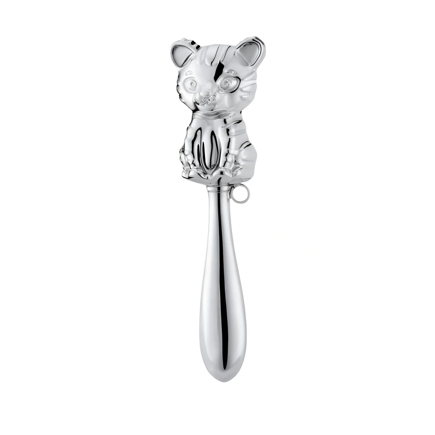 Babyrassel 925 Silber Tiger — polierte Silberrassel mit Tigerkopf-Motiv und glattem Stielgriff, Geschenk zur Geburt