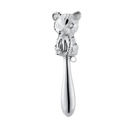 Babyrassel 925 Silber Tiger — polierte Silberrassel mit Tigerkopf-Motiv und glattem Stielgriff, Geschenk zur Geburt