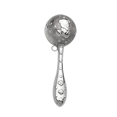 Kugelförmige Babyrassel aus 925er Sterling-Silber mit Teddybär- und Blumenmotiv, polierte Oberfläche.