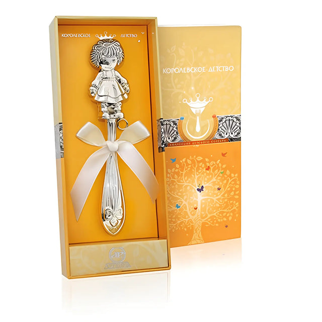 Babyrassel 925 Sterling - Silber mit Mädchenfigur, Stielform in Geschenkbox