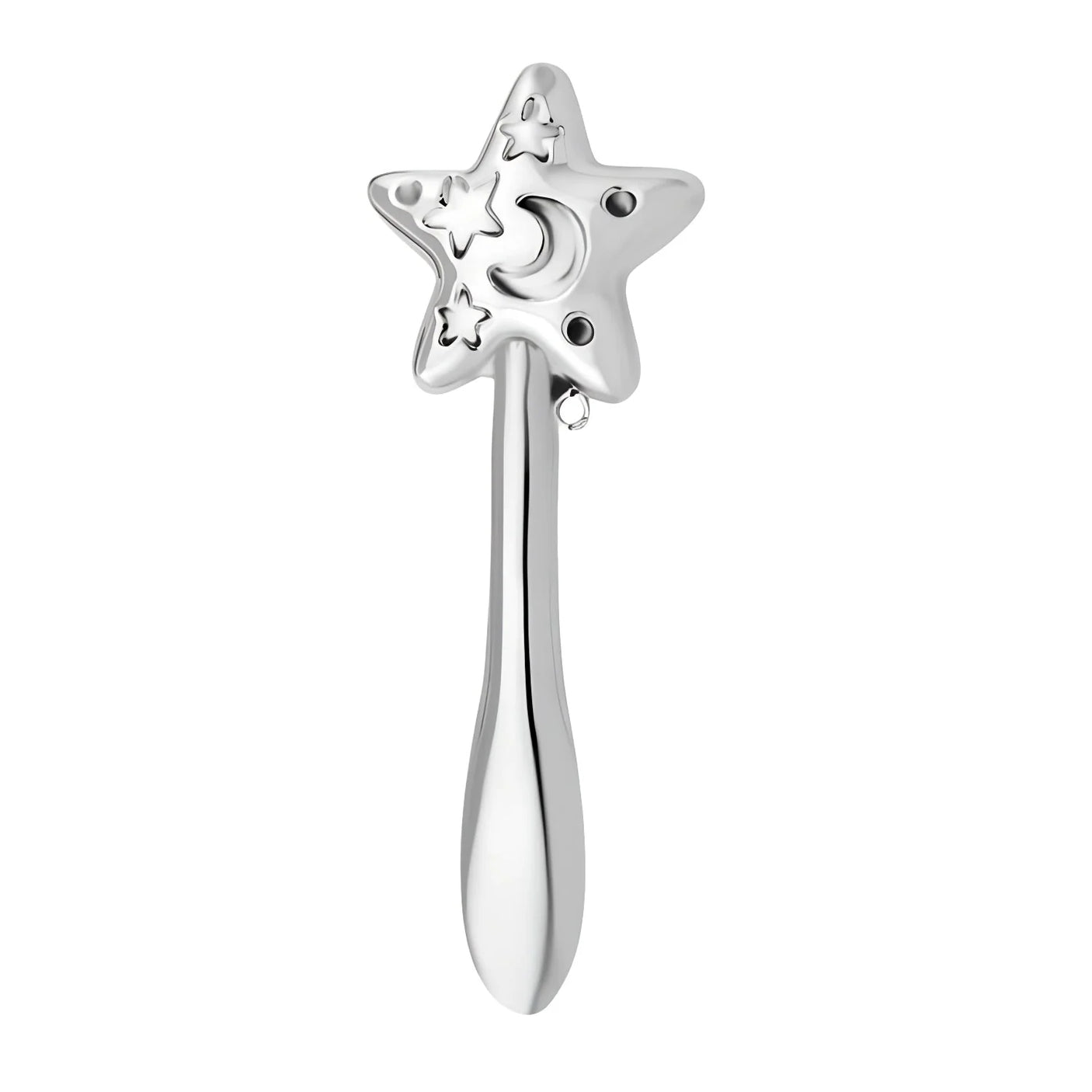Babyrassel 925 Silber Stern — Silberrassel mit Stern-Kopf, Halbmond und glattem Gravur-Stiel, Freisteller